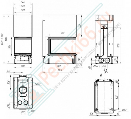 Топка Дельта 900 B три стекла принтинг черный шамот (Экокамин)